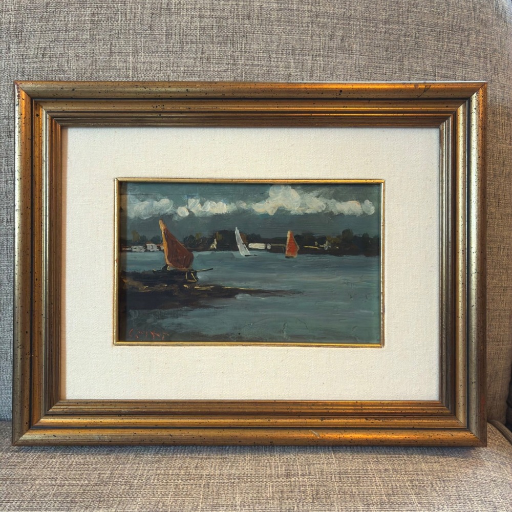 Vintage Oil Painting Nautical Sailboats Venice Italy Gold Frame Seascape Art